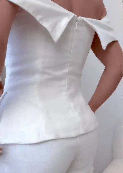 TRAJE DE DOS PIEZAS DE ALGODÓN Y LINO BLANCO SARA