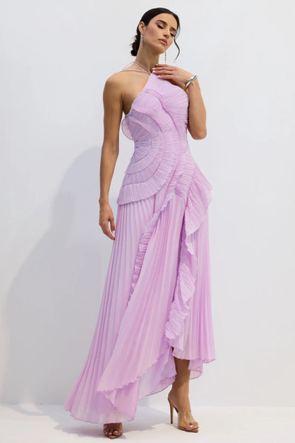 VESTIDO MIDI PLISADO ASIMÉTRICO CON CUELLO ALTER