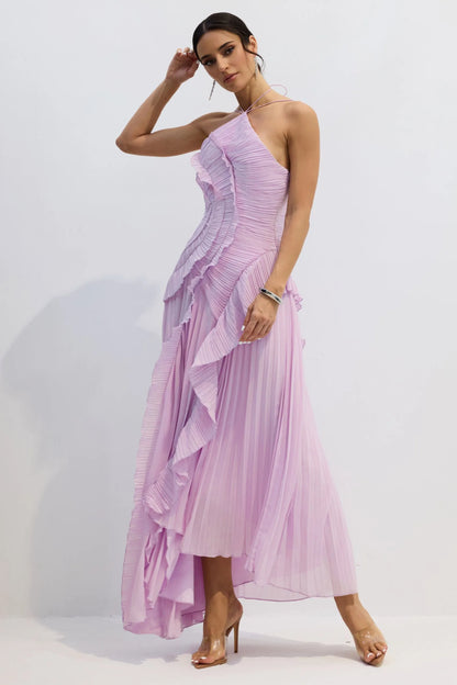 VESTIDO MIDI PLISADO ASIMÉTRICO CON CUELLO ALTER