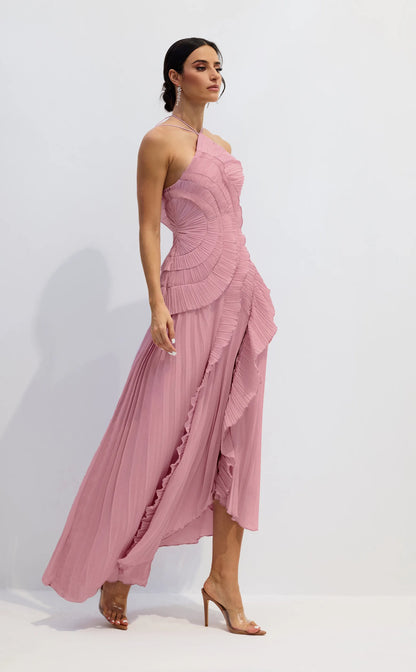 VESTIDO MIDI PLISADO ASIMÉTRICO CON CUELLO ALTER