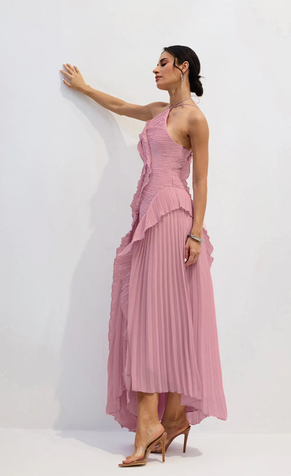 VESTIDO MIDI PLISADO ASIMÉTRICO CON CUELLO ALTER