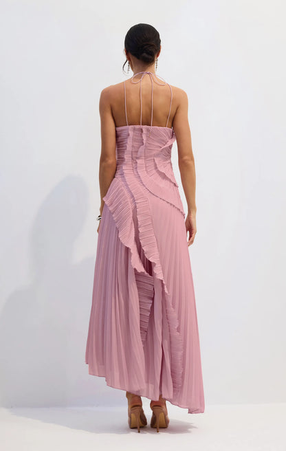 VESTIDO MIDI PLISADO ASIMÉTRICO CON CUELLO ALTER