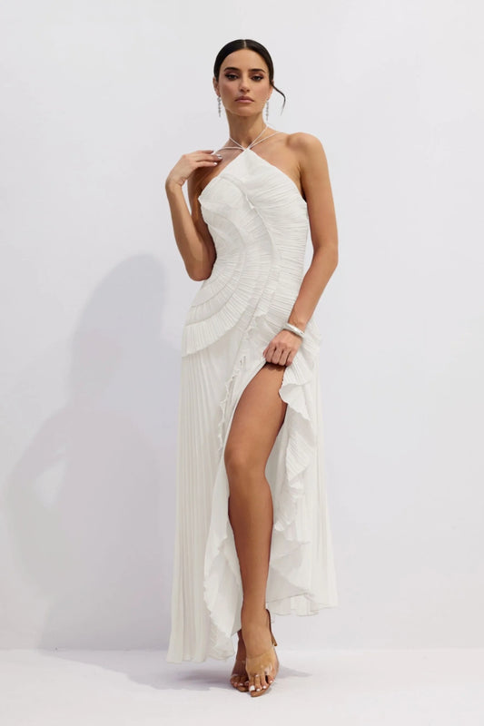 VESTIDO MIDI PLISADO ASIMÉTRICO CON CUELLO ALTER