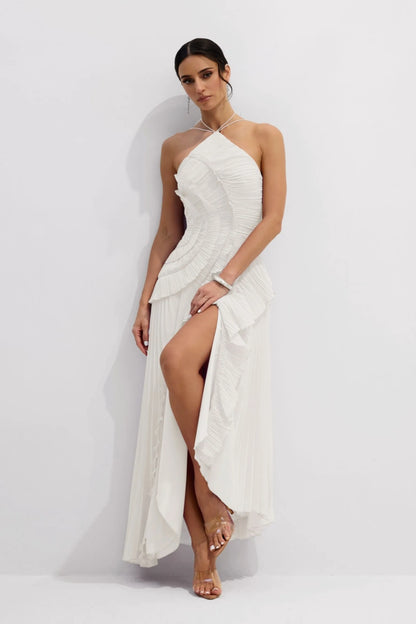 VESTIDO MIDI PLISADO ASIMÉTRICO CON CUELLO ALTER