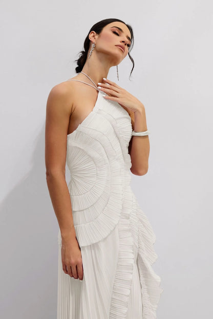 VESTIDO MIDI PLISADO ASIMÉTRICO CON CUELLO ALTER