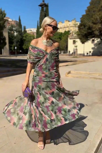 SASHA - VESTIDO LARGO CON ESTAMPADO FLORAR FANTASIA Y ESCOTE EN V