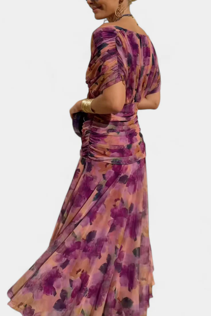 SASHA - VESTIDO LARGO CON ESTAMPADO FLORAR FANTASIA Y ESCOTE EN V
