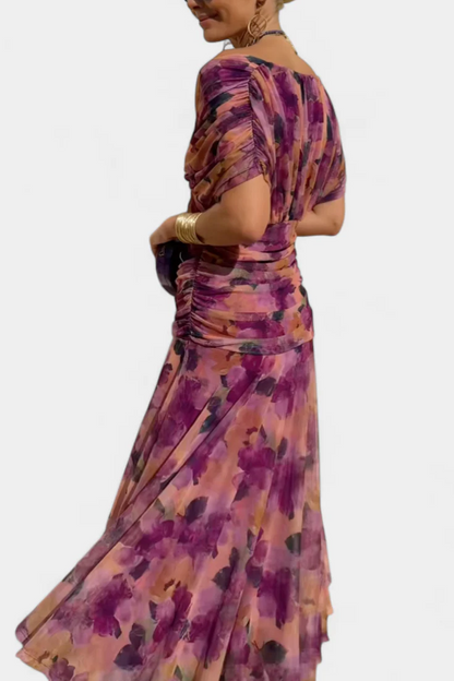 SASHA - VESTIDO LARGO CON ESTAMPADO FLORAR FANTASIA Y ESCOTE EN V